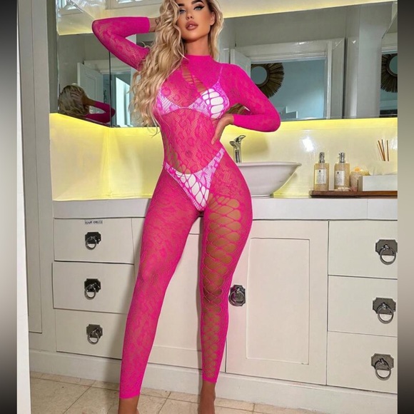 Neon Hot Pink Jacquard Hollow Out Fishnet Bodysuit - Picture 5 of 6
